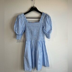 Smoked plaid babydoll square neck white blue Smocked Puff-Sleeve Fit Flare Dress
